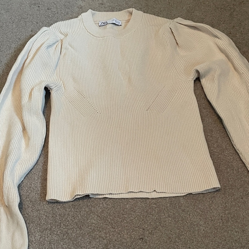 Zara Cream Ribbed Puff-Sleeve Sweater